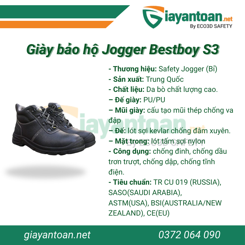 Thông số kỹ thuật của giày bảo hộ Jogger Bestboy S3
