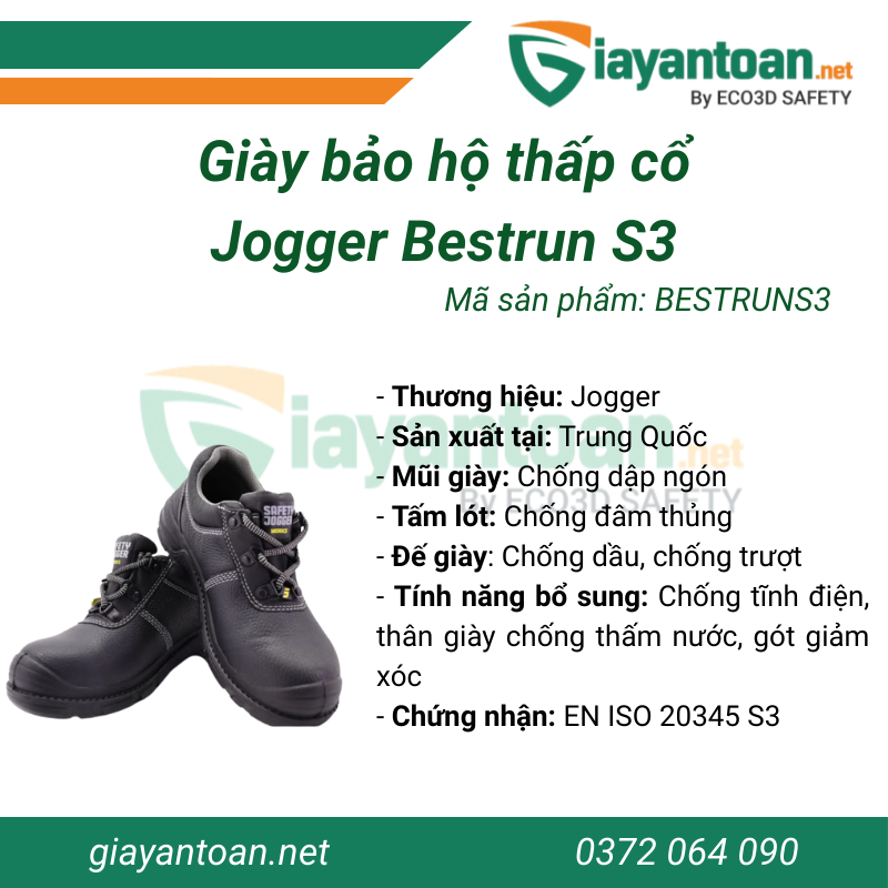 Thông số kỹ thuật của Giày bảo hộ thấp cổ Jogger Bestrun S3