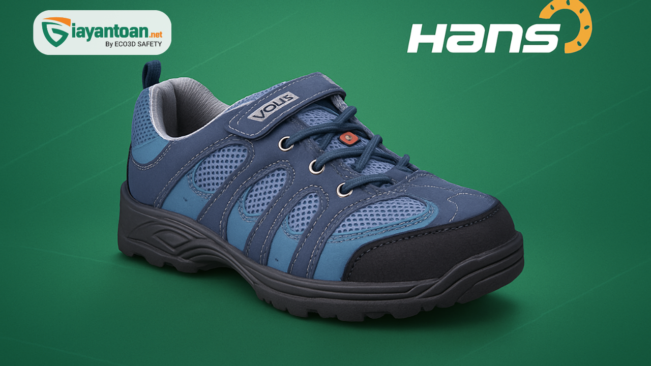 Giày bảo hộ mesh Hans HS-34 – thiết kế siêu nhẹ, thoáng khí, phong cách thể thao hiện đại, phù hợp cho nhân viên logistics và công nhân di chuyển nhiều.