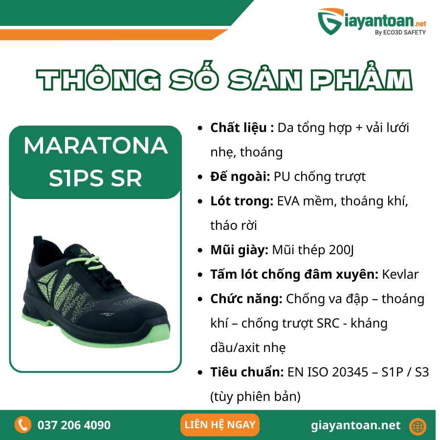 Thông số kỹ thuật của Giày bảo hộ Delta Plus – MARATONA S1PS SR