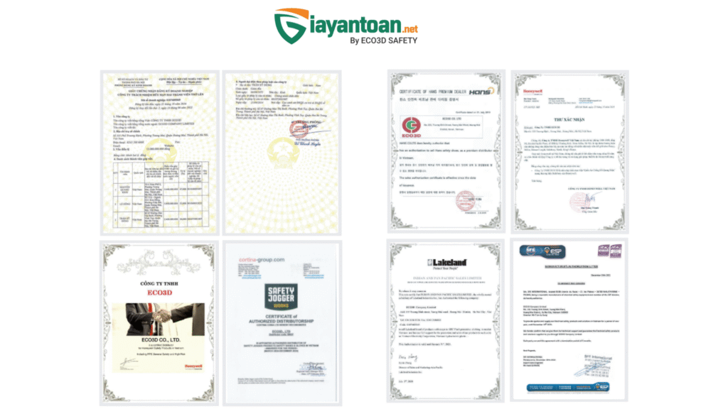 Giấy chứng nhận đại lý chính hãng và hợp tác của Giày An Toàn ECO3D với các đối tác.