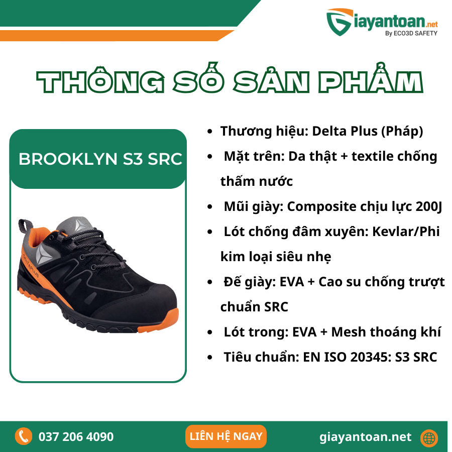 Thông số kỹ thuật của Giày bảo hộ lao động BROOKLYN S3 SRC