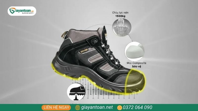 Cấu tạo giày bảo hộ siêu nhẹ với mũi thép, đế chống trượt và lớp lót thoáng khí