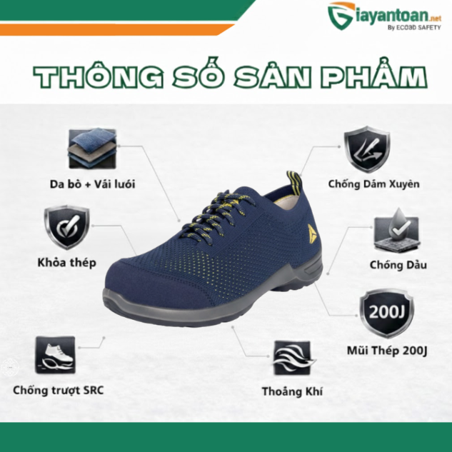 Giày bảo hộ lao động SUMMER2 S1P SR chính hãng Delta Plus màu xanh navy siêu nhẹ thoáng khí.