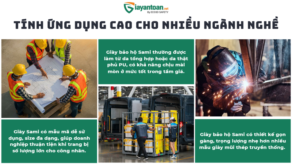 Giày bảo hộ Sami ứng dụng đa dạng trong xây dựng, kho vận và nhà xưởng.