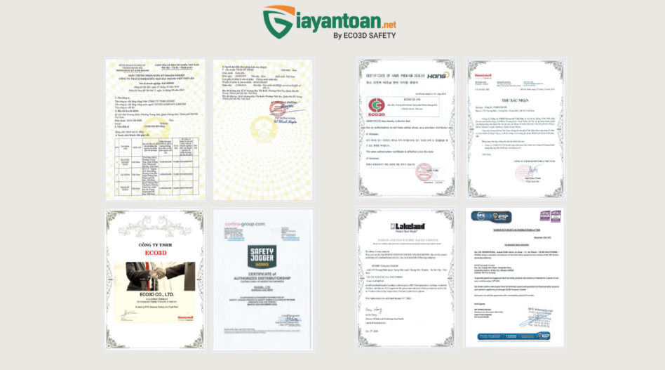 Các chứng nhận đảm bảo nguồn gốc khi mua giày bảo hộ Kingpro chính hãng.