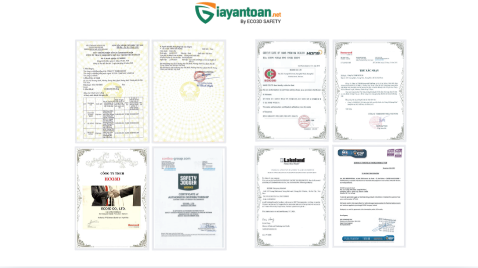 Giấy chứng nhận đại lý ủy quyền và CO CQ chứng minh nguồn gốc giày bảo hộ.