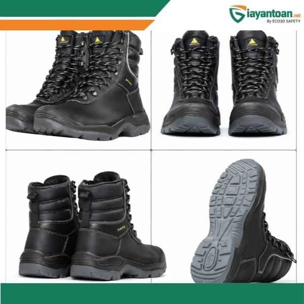 Các góc nhìn Giày bảo hộ lao động Delta Plus CADEROUSSE S3 SRC mặt trước mặt sau và đế giày chống trượt