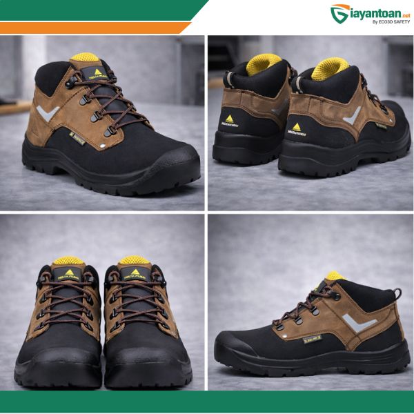 Chi tiết cấu tạo giày bảo hộ Delta Plus GOBI S3 SRC với mũi thép, đế chống trượt và chất liệu da bền bỉ